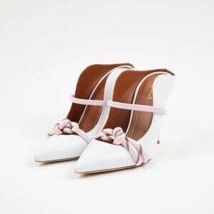 Malone Souliers by Roy Luwolt Maureen White Leather Heels With Pink Bow Size 8